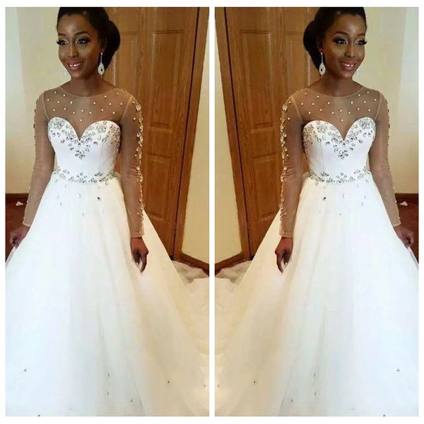 

2019 sheer long sleeves a-line wedding dresses beaded crystal bling bling bridal gowns customized garden vestidos de mariage tulle skirt, White