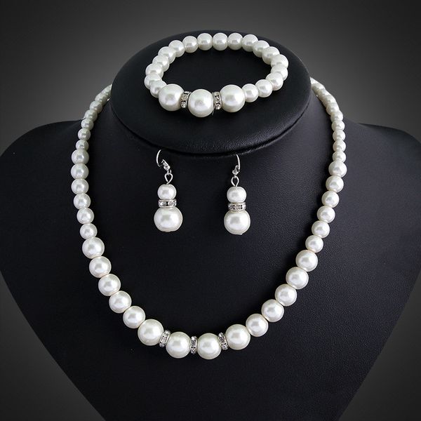

nk308 new imitation pearl classic shambhala crystal jewelry sets for women bead necklace earrings bracelet bridal wedding gift, Silver