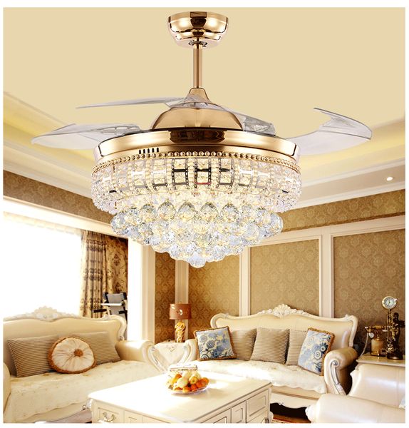 

42 inch cry tal invi ible ceiling fan with light 4 retractable blade fan chandelier with remote control modern led ceiling light fixture