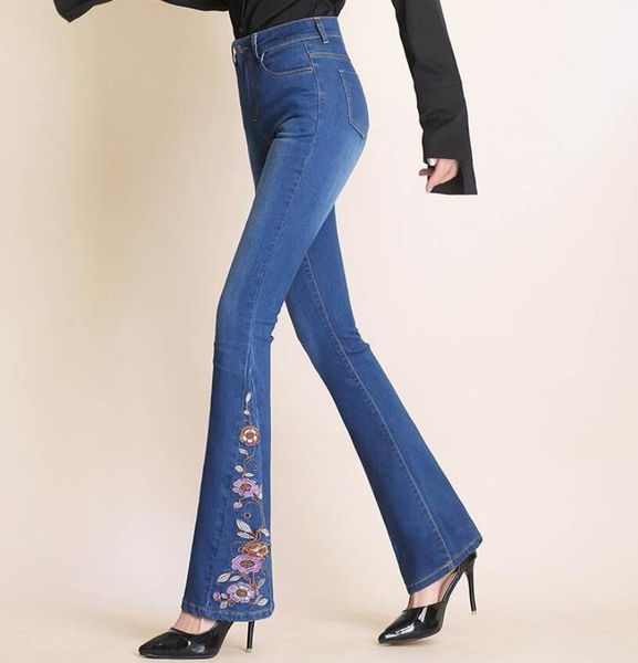 

autumn woman jeans flare pants women nationality style embroidery high waist plus size denim pants female cowboy w1047, Blue