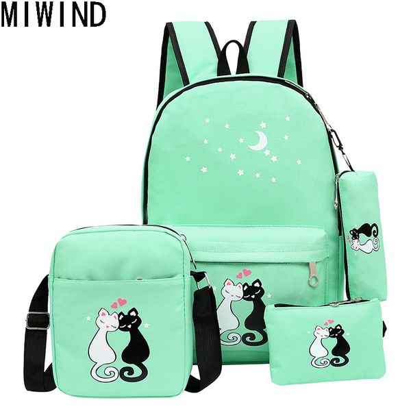 

4pcs/set canvas women backpacks schoolbag printing cute cat school bag backpack for teenager girls green rucksack moclila 1322