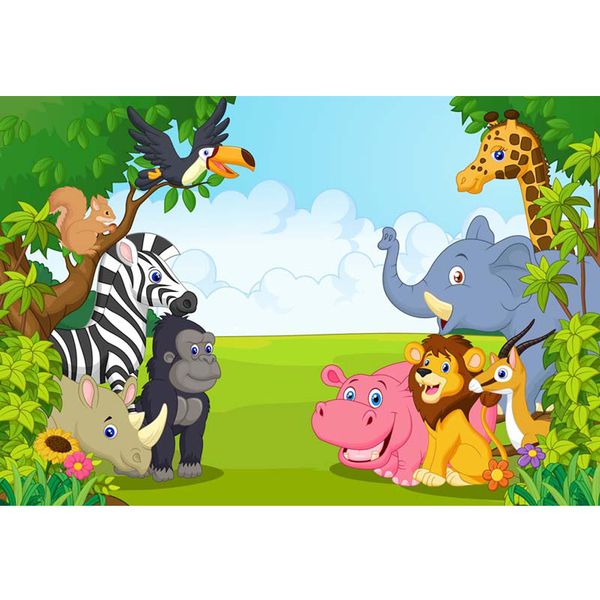 Acheter Animaux De Dessin Animé Enfants Joyeux Anniversaire Toile De Fond Imprimé Ciel Bleu Arbres Fleurs Nouveau Né Bébé Enfants Parti Photo Fond De