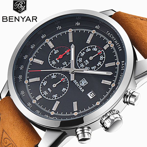 

benyar fashion sports men watches chronograph waterproof quartz watch clock relogio masculino dropshipping, Slivery;brown