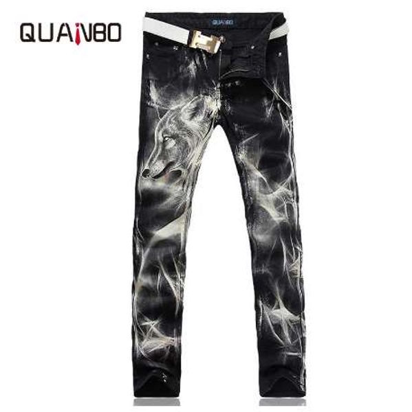

new fashion men's wolf printed jeans men slim straight black stretch jeans pants nightclubs singers, Blue