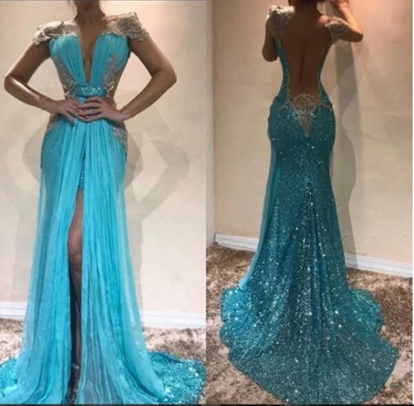 

mermaid blue sequin prom dresses long split front backless party evening gowns v neck formal dresses with beads 2019, Black