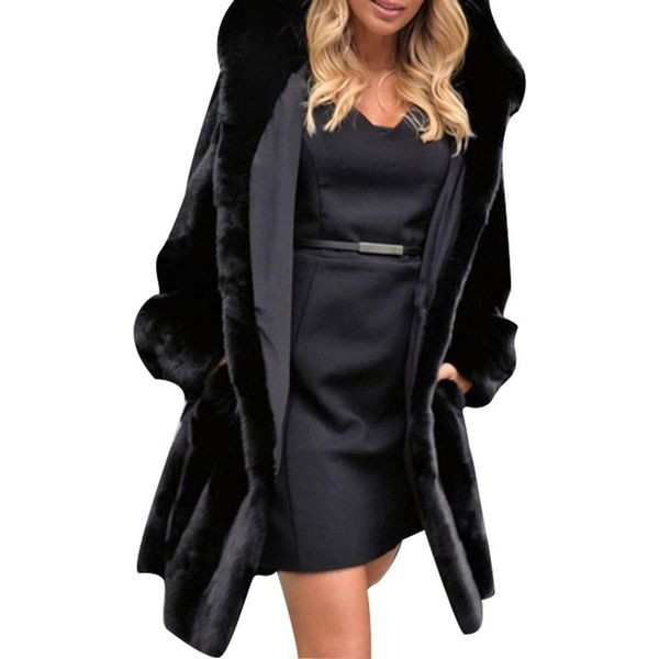 

winter warm hooded large size medium length solid color fur & faux fur women 2018 new casual long sleeve women coat, Black