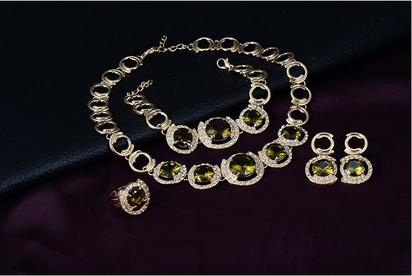 

fashion girl necklace earrings ring bracelet jewelry luxury fashion green stone 18k gold plated alloy 4-piece set bridal wedding jewelry, Slivery;golden