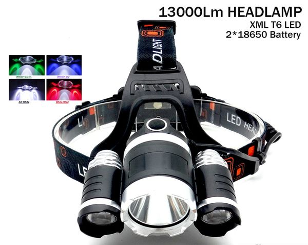 

13000lm xml t6+red green uv white led headlight headlamp 4 mode head lamp flashlight torch fishing hunting head light+18650 battery+charger