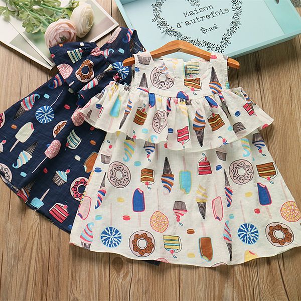 

girls ice cream cartoon printing dress 2018 summer new baby exposed shoulder ruffles dress casual doll dresses, Red;yellow