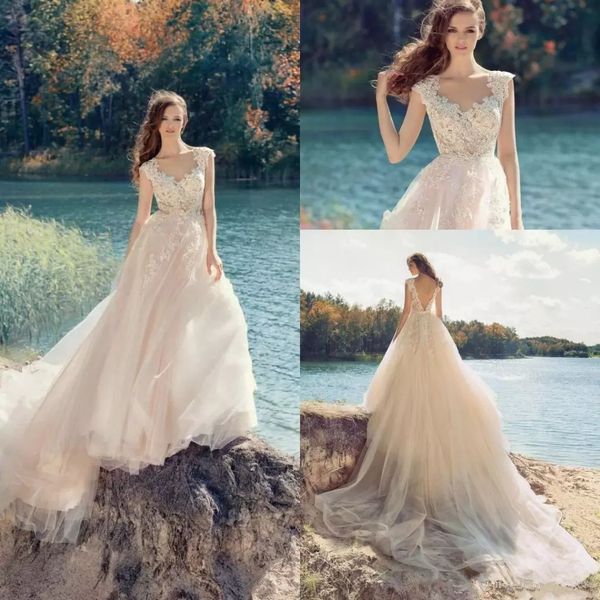 

2019 vintage lace applique wedding dress beach a-line sleeveless bridal gown plus size open back vestidos de novia