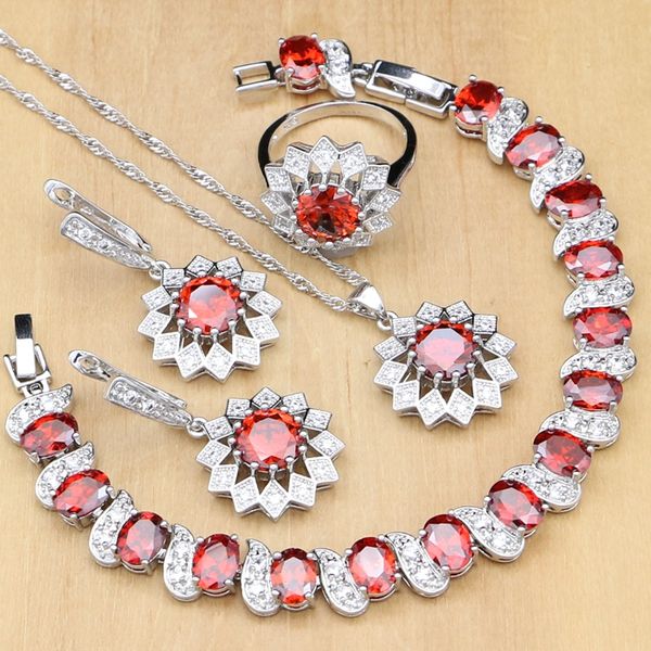 

silver 925 jewelry sets red cubic zirconia white stone beads for women wedding earrings/pendant/rings/bracelet/necklace set, Slivery;golden