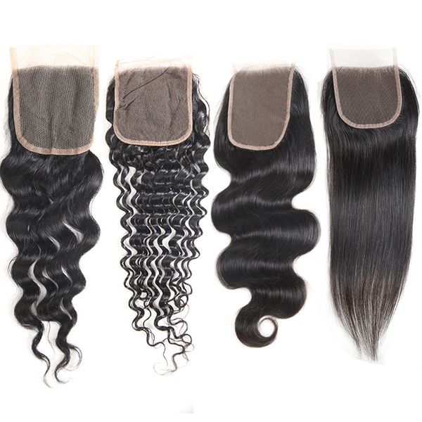

brazilian lace closures body wave 4x4 closure 100% unprocessed straight water deep wave kinky peruvian virgin human hair middle closure, Black