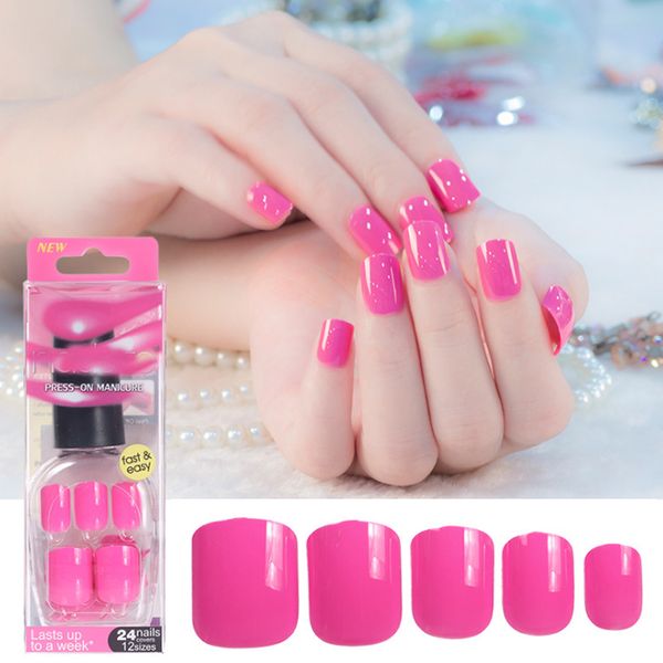 

belen pure color false nails red pink tips short length artificial nails extension design press on manicure gel polish 48 colors, Red;gold