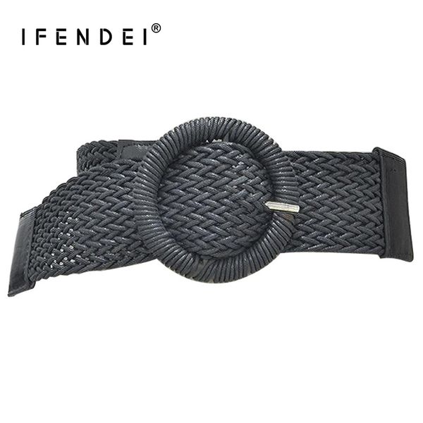 

ifednei elastic cummerbunds belt female stretch waist belt for dress women's wide wax woven knitted strap casual waistband 2018, Black;brown