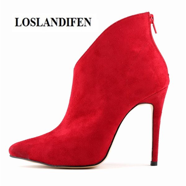 

loslandifen womens faux velvet pointed toe high heels shoes stiletto ankle boots wedding shoes size eur 42, Black