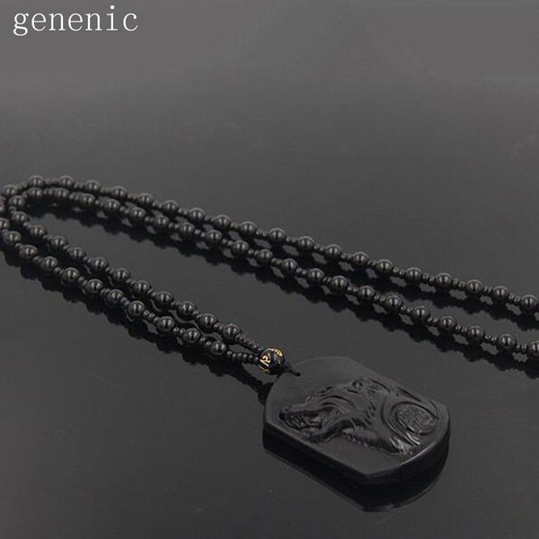 

2017natural handwork carved black obsidian wolf head pendant with beads necklace