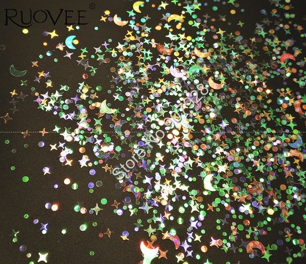 

mix size moon star white with colorful light tint shining nail glitter shape for glitter christmas craft cosmetic art decoration, Silver;gold