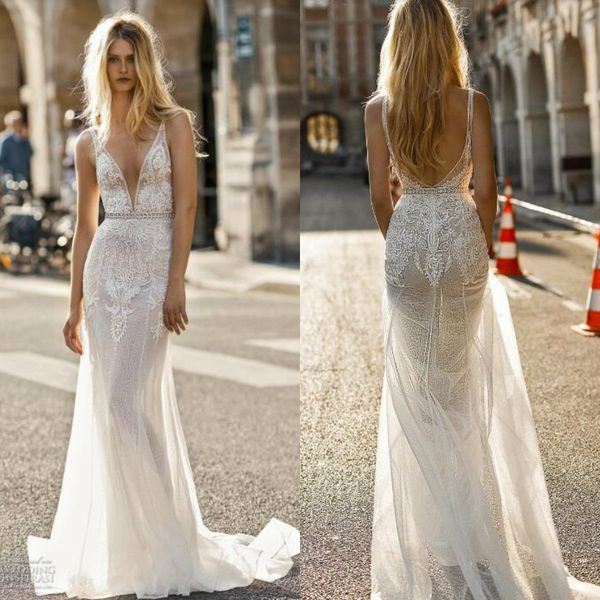 

2021v neck wedding dresses lace appliques mermaid wedding dress backless tulle beach bridal gowns, White