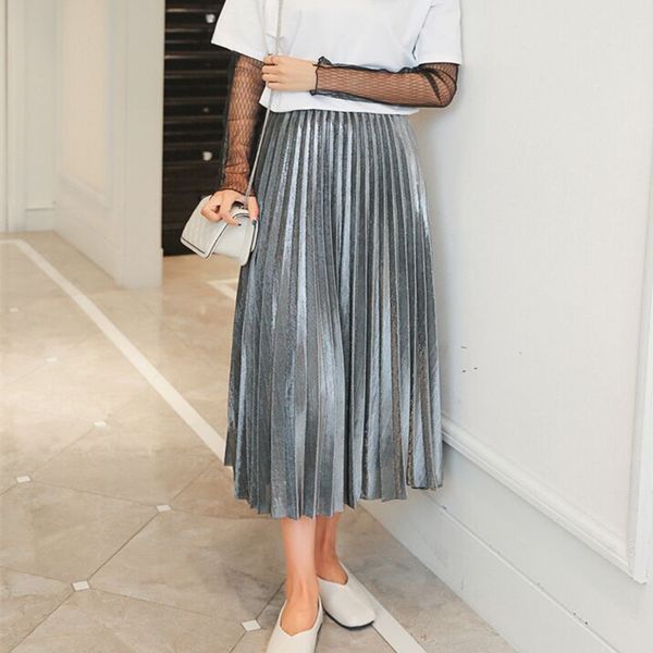 

Женская металлическая серебряная юбка с эластичной талией Юни-юбка с высокой тал