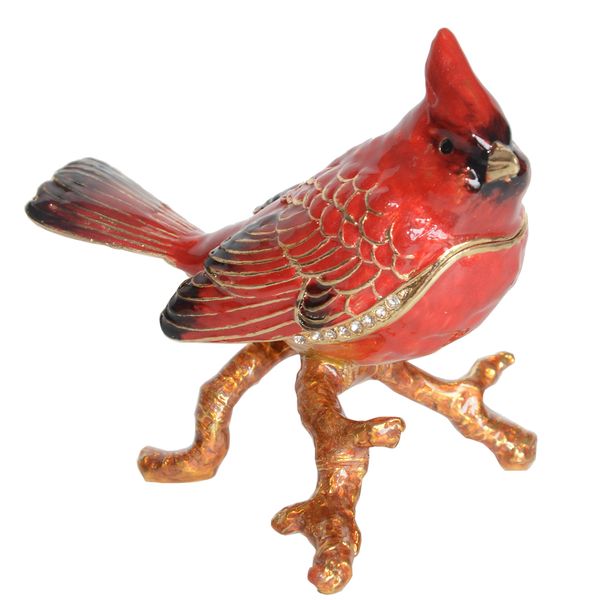 

cardinal bird jeweled metal enameled trinket box bird figurine collectible ring holder, Black;white