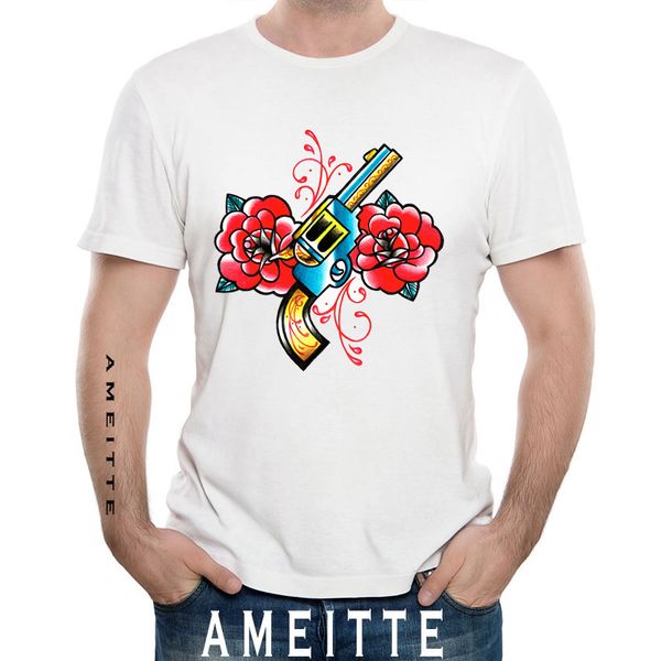 

hip hop style gun and roses tattoo t-shirt 2019 new spring summer fashion men's short sleeve cool boy casual punk men tees, White;black