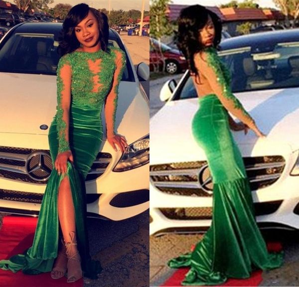 

2k17 длинные рукава бархатные зеленые платья выпускного вечера сексуальный прозрачный прозрачный шея драгоценности аппликация из бисера приг, Black