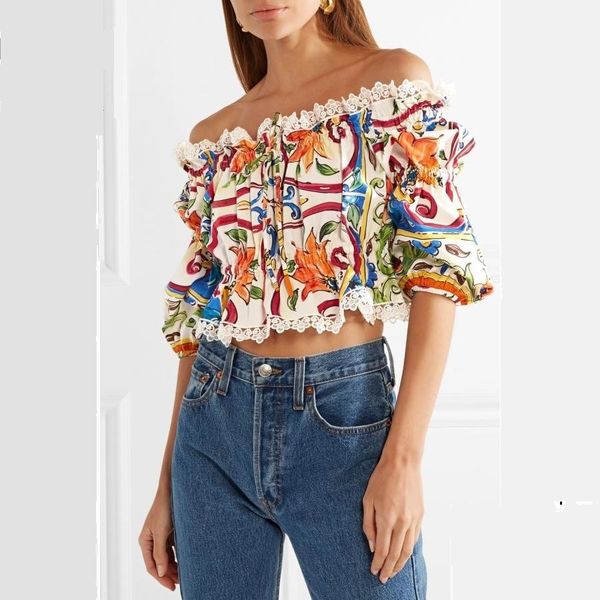 

brand designer women off shoulder crop blouse 2018 summer runway fashion lace patchwork floral print half sleeve tunic shirts chiffon, White