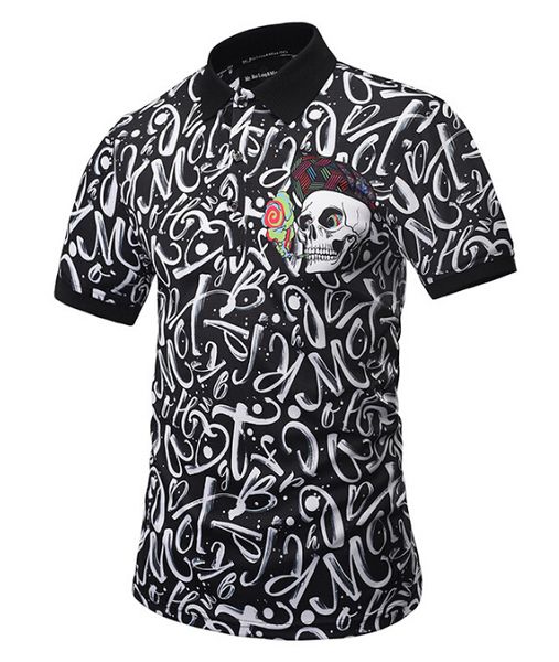 

letters print polos for men fashion short sleeve breathable skull male polos new style turn down collar poloshirts, White;black