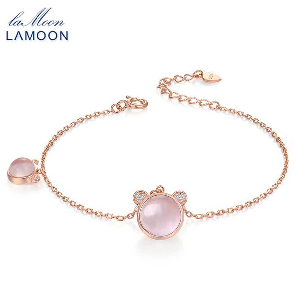 

lamoon 925 sterling silver jewelry charm bracelets for women lovely bear 100% natural gemstone rose quartz s925 bangles hi026, Golden;silver