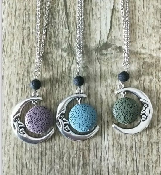 

fashion circle lava stone moon necklace volcanic rock aromatherapy essential oil diffuser necklace for women jewelry, Silver