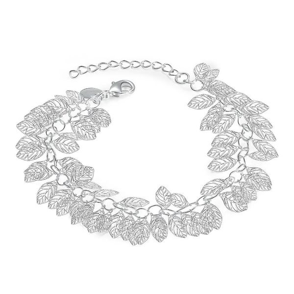 

whole salejexxi simple leaves cutout charms bracelets fine 925 sterling silver with extender chains link bangles jewelry one piece, Black