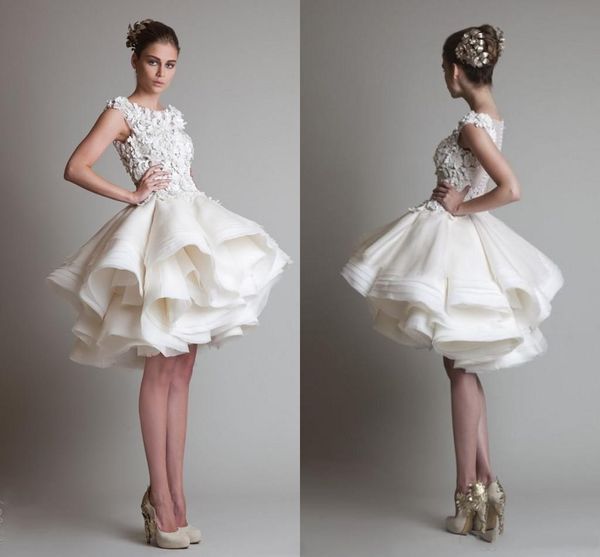 Vestidos de tiro árabe de novo design brancos Apliques Appliques Organza Armado de renda artesanal Vestidos de noiva do joelho Vestido de noiva personalizado