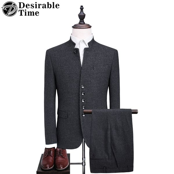 

mandarin collar men dark gray suit slim fit fashion chinese style mens business suits with pants dt109, White;black