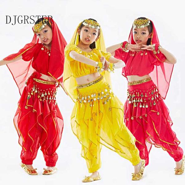 

djgrster 2018 new belly dancing kids belly dance costume child dancing stage performance wear for girl's children 2-5 pieces, Black;red