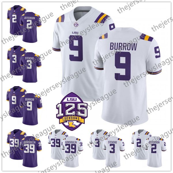 

LSU Тигры # 9 BURREAUX Джо Барроу 3 Бекхэм младший 7 Mathie Фиолетовый Белый 2020 Чемпион Peach патч 150-й 125-прошитой NCAA футбол Джерси
