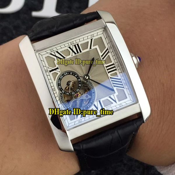 

gray dial automatic tourbillon mens watch business watches silver case leather strap gents wristwatches, Slivery;brown