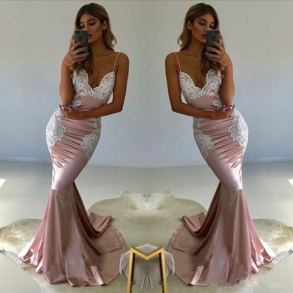 

2018 Satin Sexy Spaghetti White Appliques Mermaid Long Evening Dresses Sleeveless Formal Prom Bridesmaids Gowns Custoom Made Vestidos, Black;red