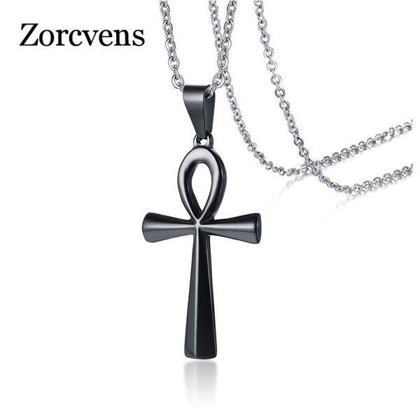 

zorcvens necklace pendant the key of life three tone stainless steel egyptian cross male collar prayer gifts, Silver