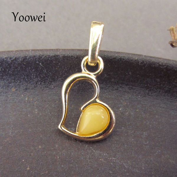 

yoowei baltic natural amber pendant gold color sterling silver 925 tiny chic heart jewelry amber hollow gems necklace pendants
