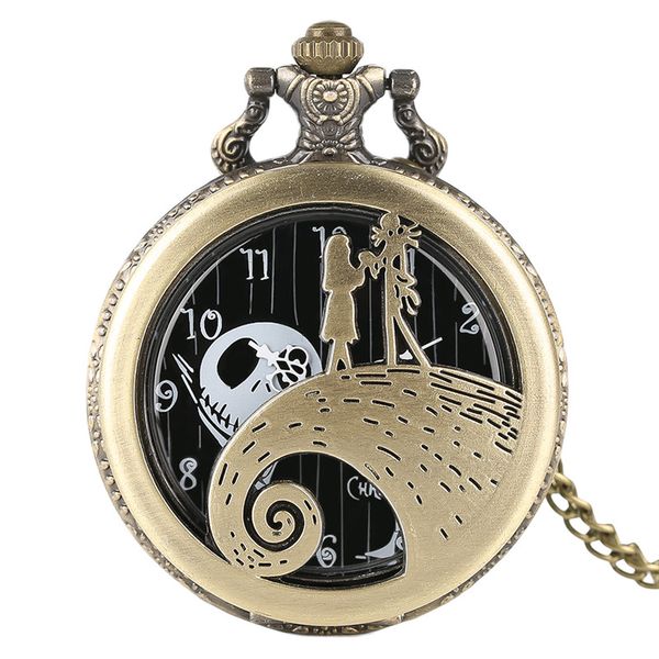 

gift tim burton's nightmare before christmas necklace chain bronze retro hollow quartz pocket watch black steampunk, Slivery;golden