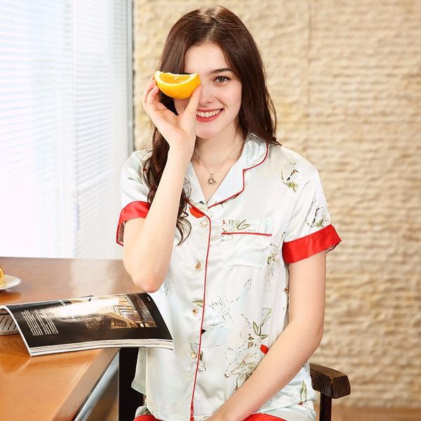 

silk pajama women spring short sleeve shorts homewear set, Black;red