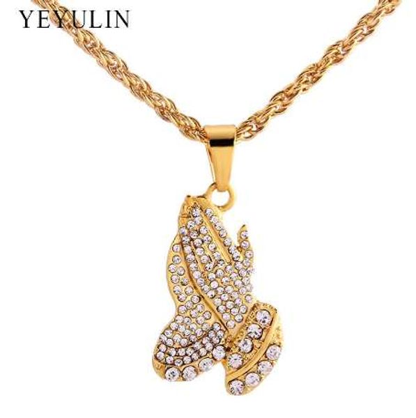 

trendy alloy gold color fulled crystal double hands prayer pendant necklace hip hop link chain necklace, Silver