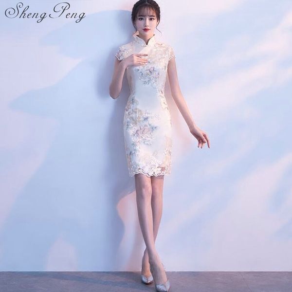 

chinese oriental dresses female 2018 oriental style dresses white lace short cheongsam modified qipao dress cc371, Red
