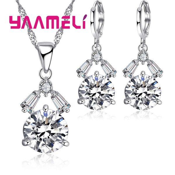 

yaameli trendy women pendant necklace and earrings jewelry set sparkling round cut cz stone jewelry sets for ladies, Silver