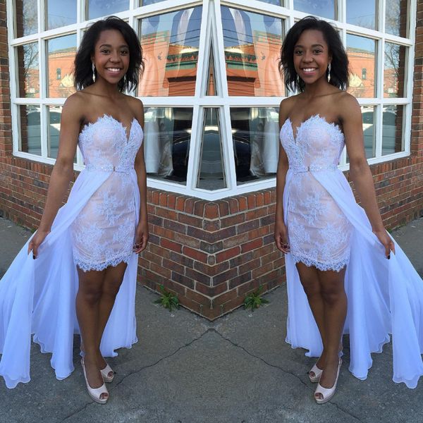 

sweetheart pink high low prom dresses detachable train lace beaded short front long back chiffon holiday formal evening party plus size, Black