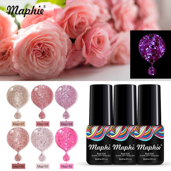 

maphie 6pcs/lot luminous rose gold uv nail gel kits fluorescent glitter led hybrid nail gel lacquer set semi permanent varnish, Red;pink
