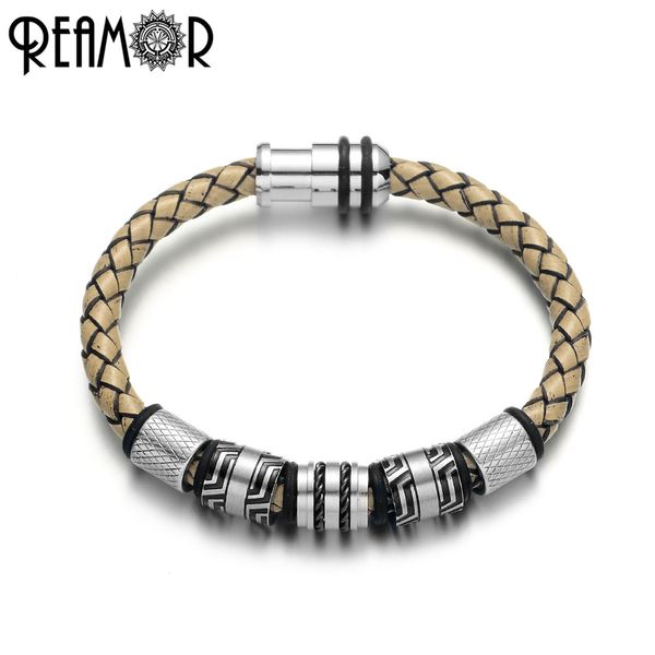 

reamor men genuine leather braided stainless steel bracelets brown fashion male charm bracelet jewelry magnetic clasp bangles, Golden;silver