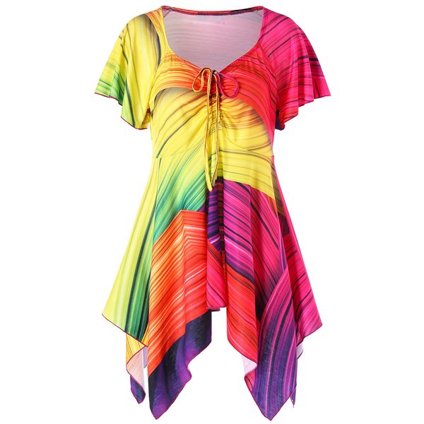 

2018 plus size empire waist rainbow handkerchief t-shirt women t shirt summer v-neck short sleeves t-shirts ladies 5xl, White