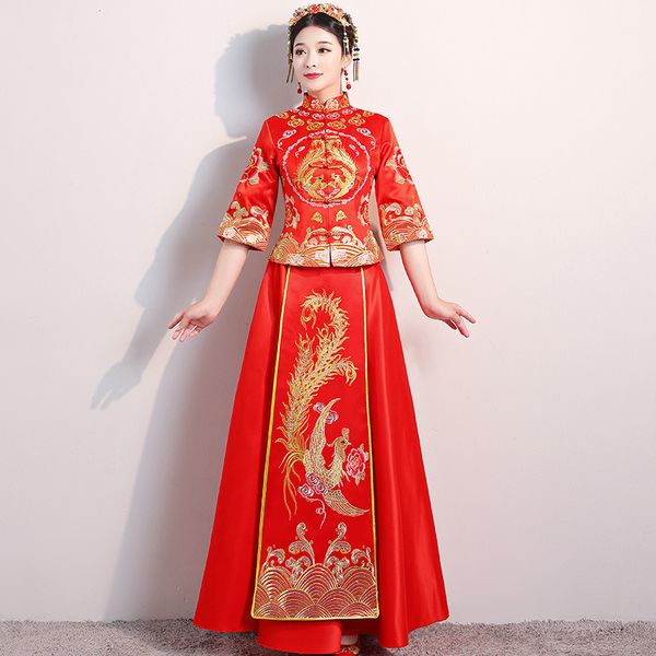 

chinese style bride embroidery cheongsam wedding ceremony dresses costume evening dress show clothing slim phoenix qipao, Red