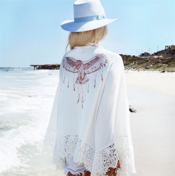 

new women summer style casual lace crochet cardigan kimono back eagle print long sleeve beach bikini cover up blusas